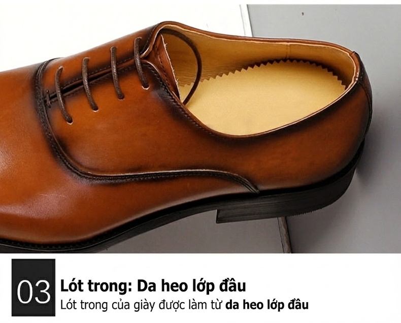 Giày Tây Buộc Dây Nam Da Thật Chiều Cao Đế Khoảng 3cm Màu Nâu, Đen, Xanh Lá chi tiết 22