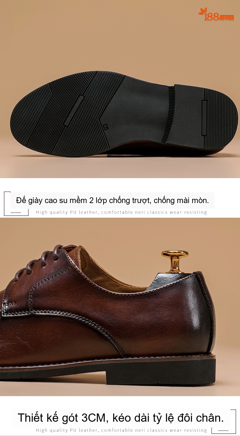 Giày Tây Buộc Dây Nam Da Thật Chiều Cao Đế Khoảng 3cm Màu Nâu Đỏ chi tiết 5
