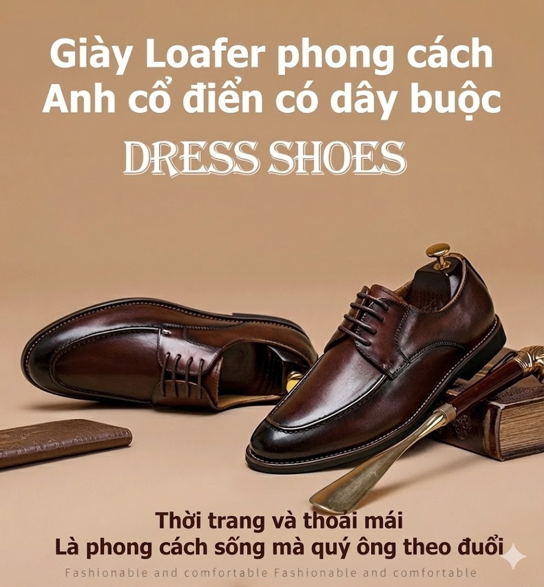 Giày Tây Buộc Dây Nam Da Thật Chiều Cao Đế Khoảng 3cm Màu Nâu Đỏ chi tiết 2