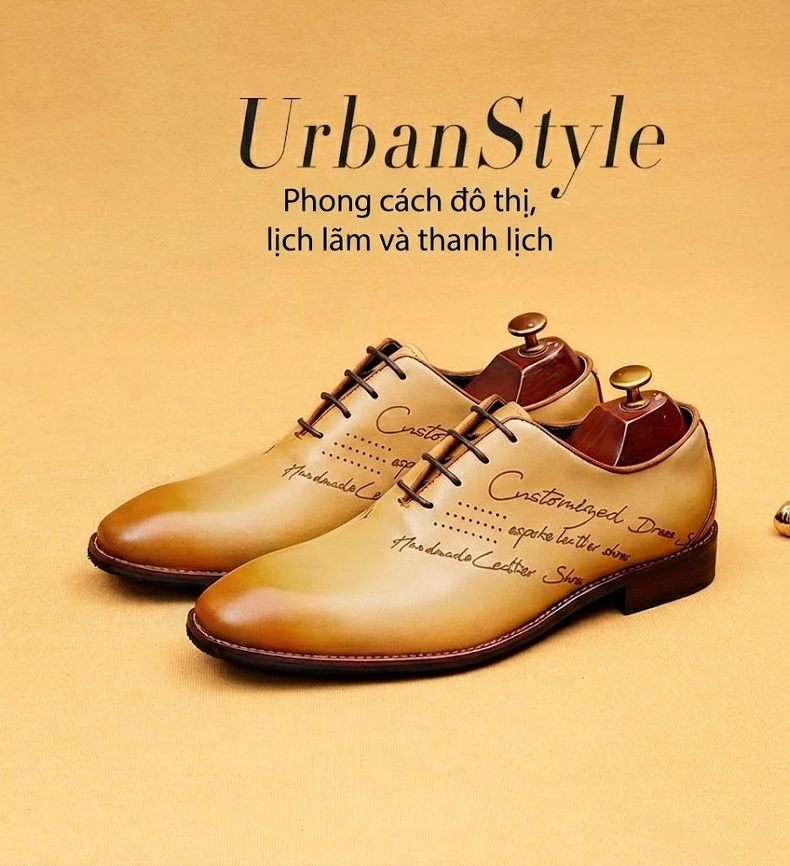 Giày Tây Buộc Dây Nam Da Thật Chiều Cao Đế Khoảng 3cm Phong Cách Retro Anh Quốc Màu Đen, Vàng chi tiết 1