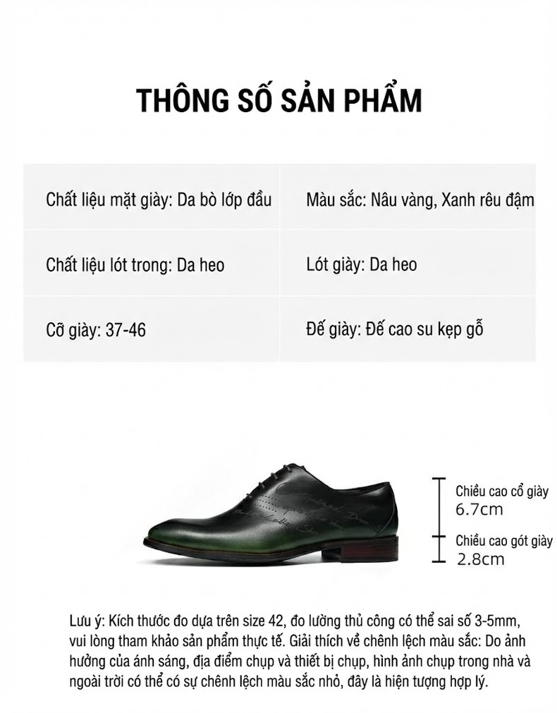 Giày Tây Buộc Dây Nam Da Thật Chiều Cao Đế Khoảng 3cm Phong Cách Retro Anh Quốc Màu Đen, Vàng chi tiết 2