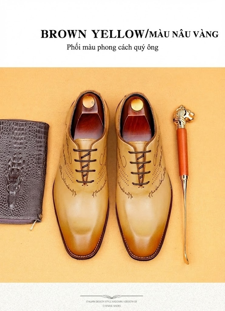 Giày Tây Buộc Dây Nam Da Thật Chiều Cao Đế Khoảng 3cm Phong Cách Retro Anh Quốc Màu Đen, Vàng chi tiết 12