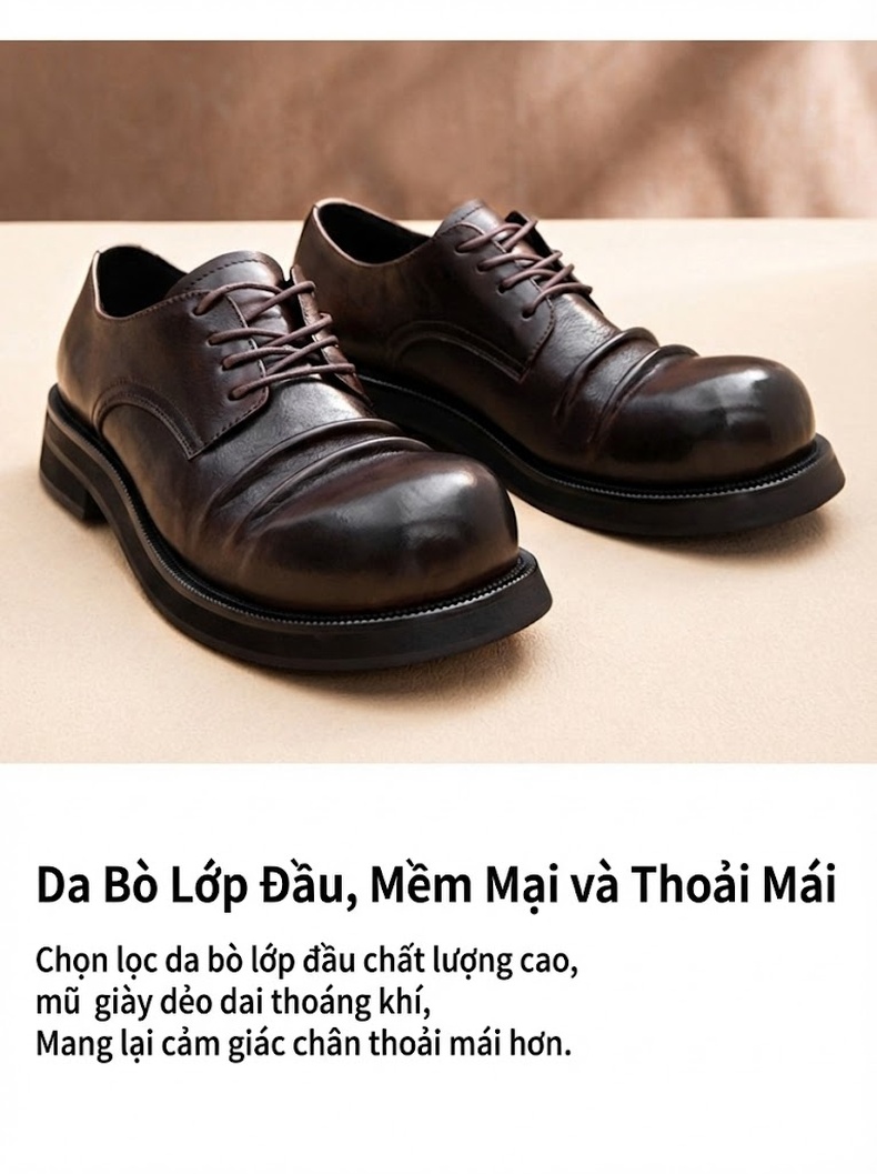Giày Tây Buộc Dây Nam Da Thật Chiều Cao Đế Khoảng 4cm Màu Đen, Nâu chi tiết 3
