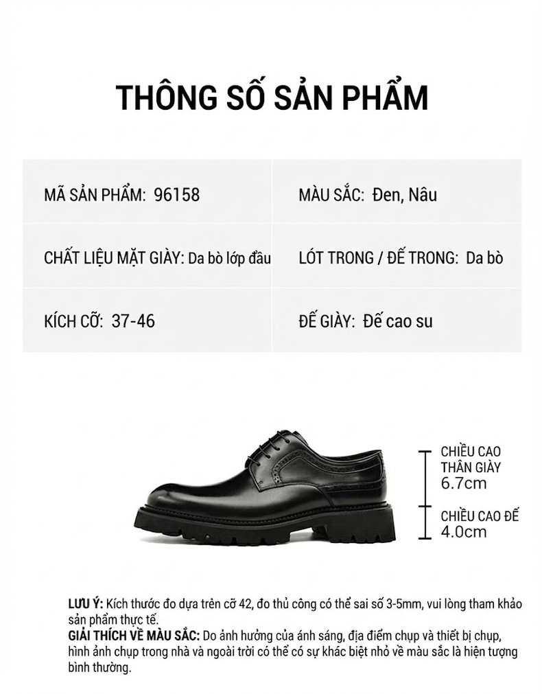 Giày Tây Buộc Dây Nam Da Thật Chiều Cao Đế Khoảng 5cm Màu Đen, Nâu chi tiết 2