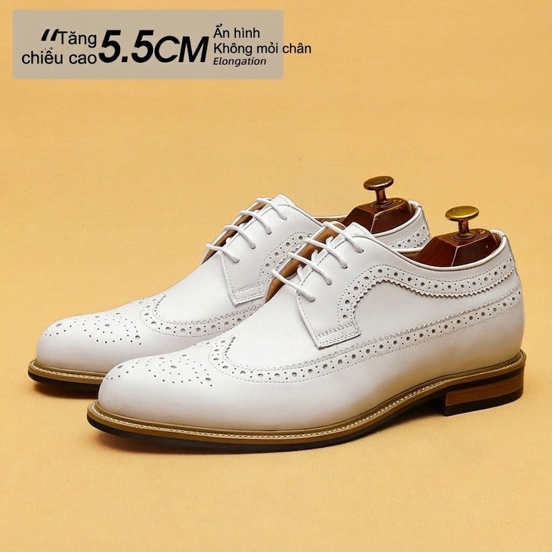 Giày Tây Buộc Dây Nam Da Thật Chiều Cao Đế 5.5cm Màu Trắng