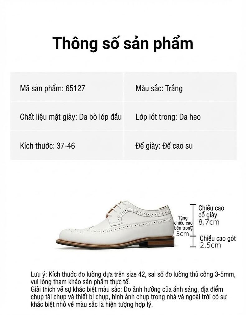 Giày Tây Buộc Dây Nam Da Thật Chiều Cao Đế 5.5cm Màu Trắng chi tiết 2