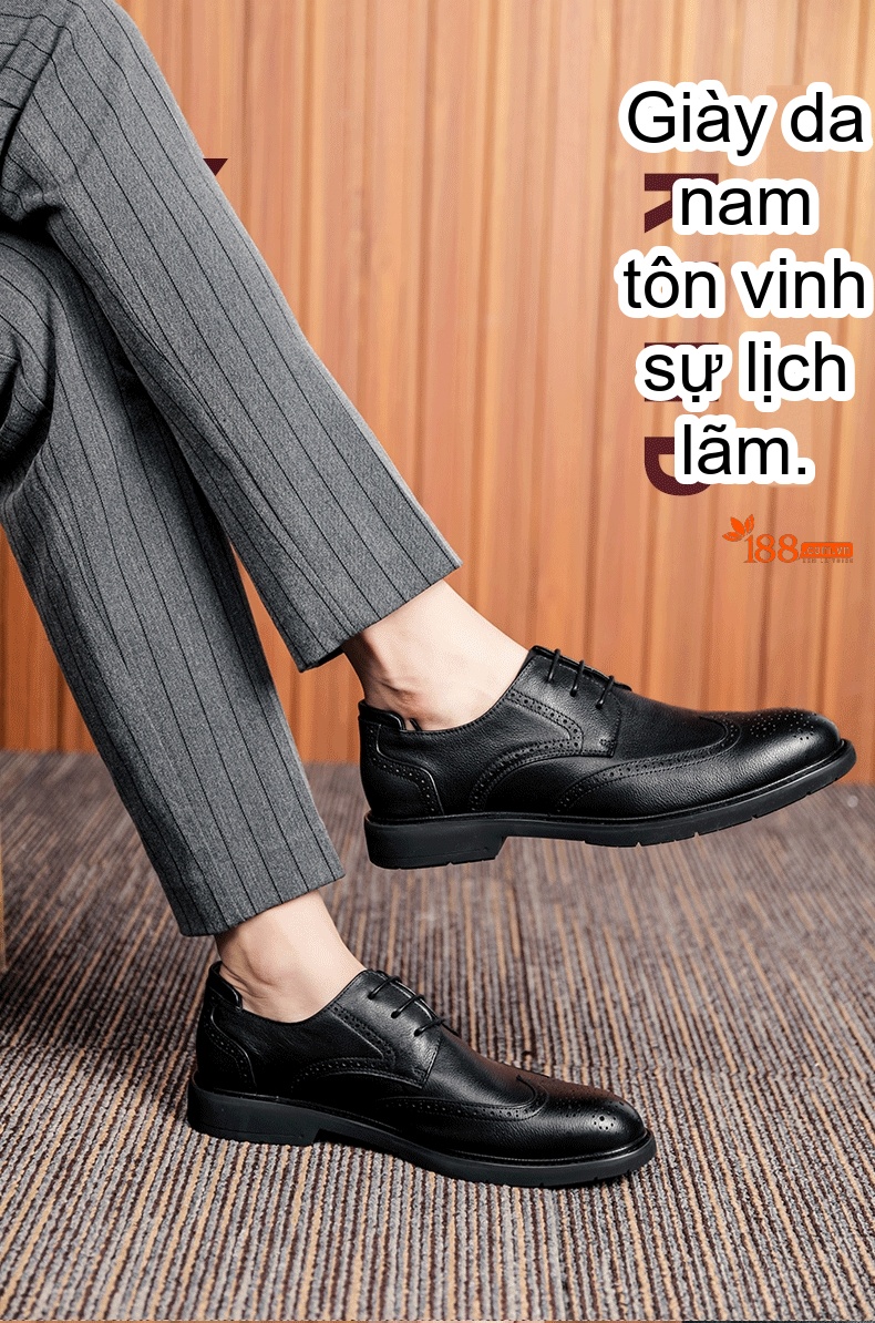 Giày Tây Buộc Dây Nam Da Thật Da Bò Họa Tiết Chiều Cao Đế Khoảng 3cm Màu Nâu chi tiết 9