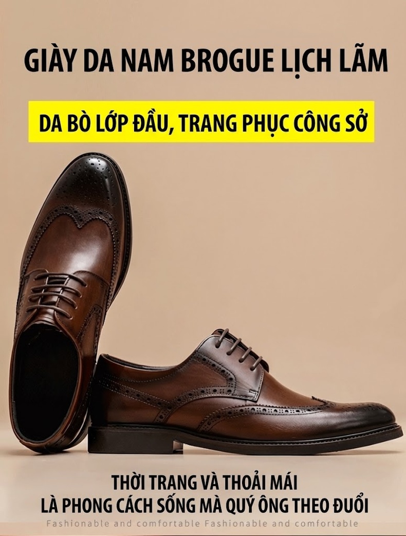 Giày Tây Buộc Dây Nam Da Thật Da Bò Họa Tiết Chiều Cao Đế Khoảng 3cm Màu Nâu chi tiết 1