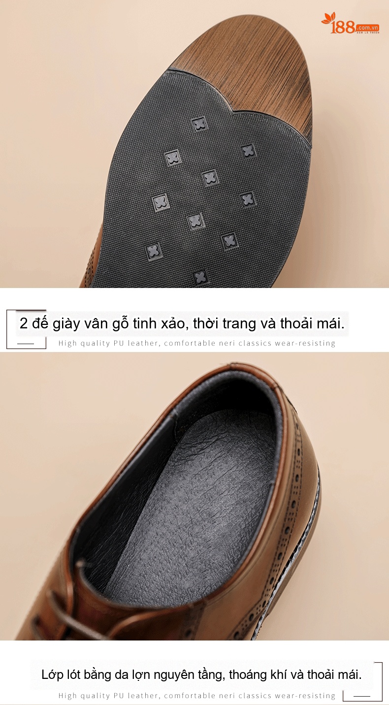 Giày Tây Buộc Dây Nam Da Thật Da Bò Họa Tiết Chiều Cao Đế Khoảng 3cm Màu Nâu chi tiết 4
