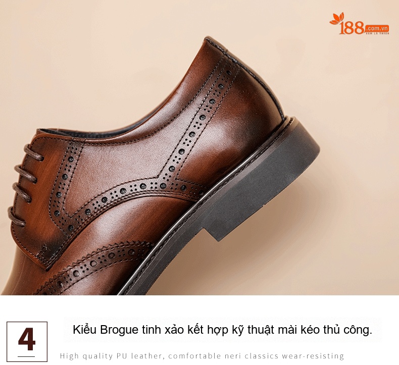 Giày Tây Buộc Dây Nam Da Thật Da Bò Họa Tiết Chiều Cao Đế Khoảng 3cm Màu Nâu chi tiết 5
