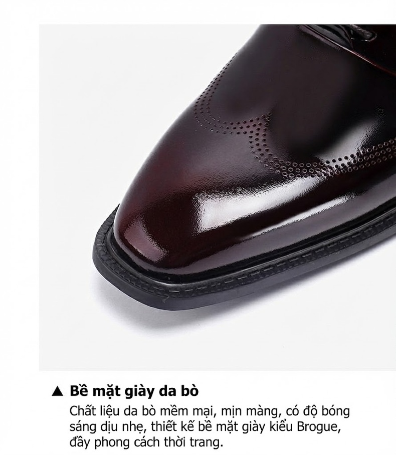 Giày Tây Buộc Dây Nam Da Thật Da Bóng Chiều Cao Đế Khoảng 3cm Màu Đen chi tiết 7