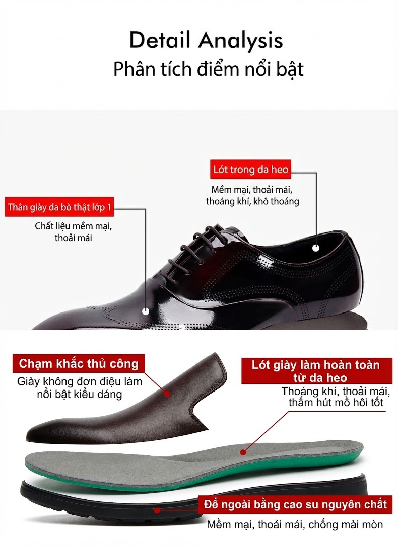 Giày Tây Buộc Dây Nam Da Thật Da Bóng Chiều Cao Đế Khoảng 3cm Màu Đen chi tiết 2