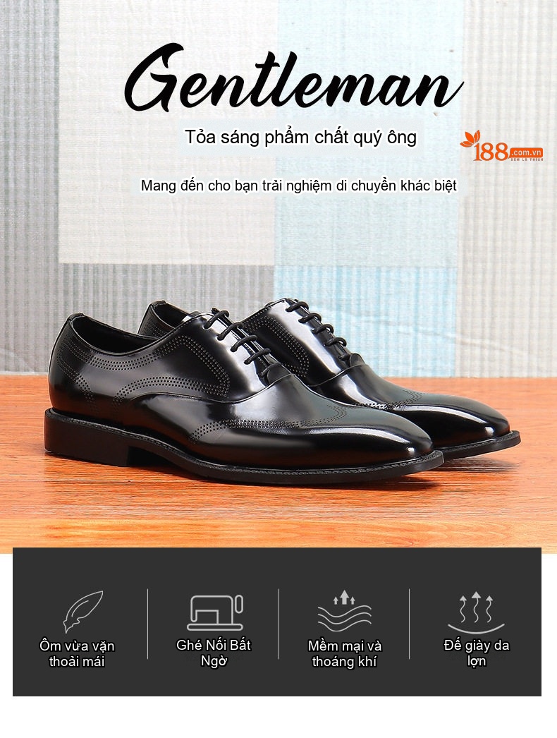 Giày Tây Buộc Dây Nam Da Thật Da Bóng Chiều Cao Đế Khoảng 3cm Màu Đen chi tiết 1