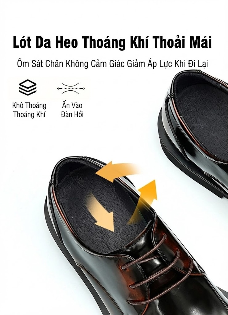 Giày Tây Buộc Dây Nam Da Thật Da Bóng Chiều Cao Đế Khoảng 3cm Màu Đen, Nâu chi tiết 9