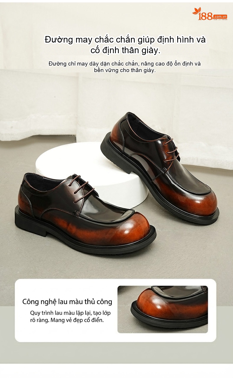 Giày Tây Buộc Dây Nam Da Thật Da Bóng Chiều Cao Đế Khoảng 3cm Màu Đen, Nâu chi tiết 5