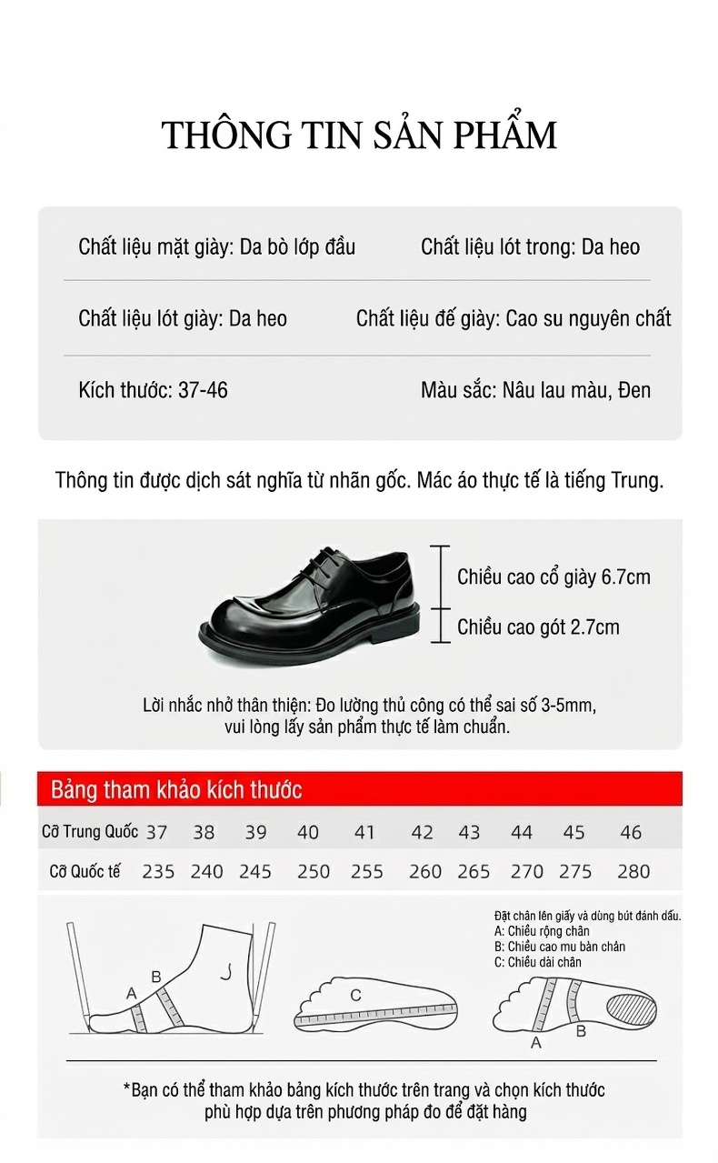 Giày Tây Buộc Dây Nam Da Thật Da Bóng Chiều Cao Đế Khoảng 3cm Màu Đen, Nâu chi tiết 6
