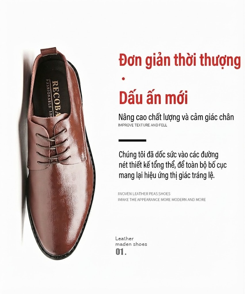 Giày Tây Buộc Dây Nam Da Thật Dập Vân Chiều Cao Đế Khoảng 3cm Màu Đen, Nâu chi tiết 5
