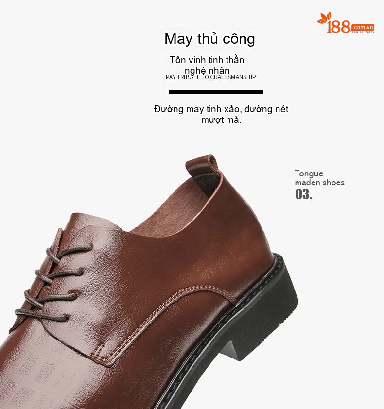 Giày Tây Buộc Dây Nam Da Thật Dập Vân Chiều Cao Đế Khoảng 3cm Màu Đen, Nâu chi tiết 7