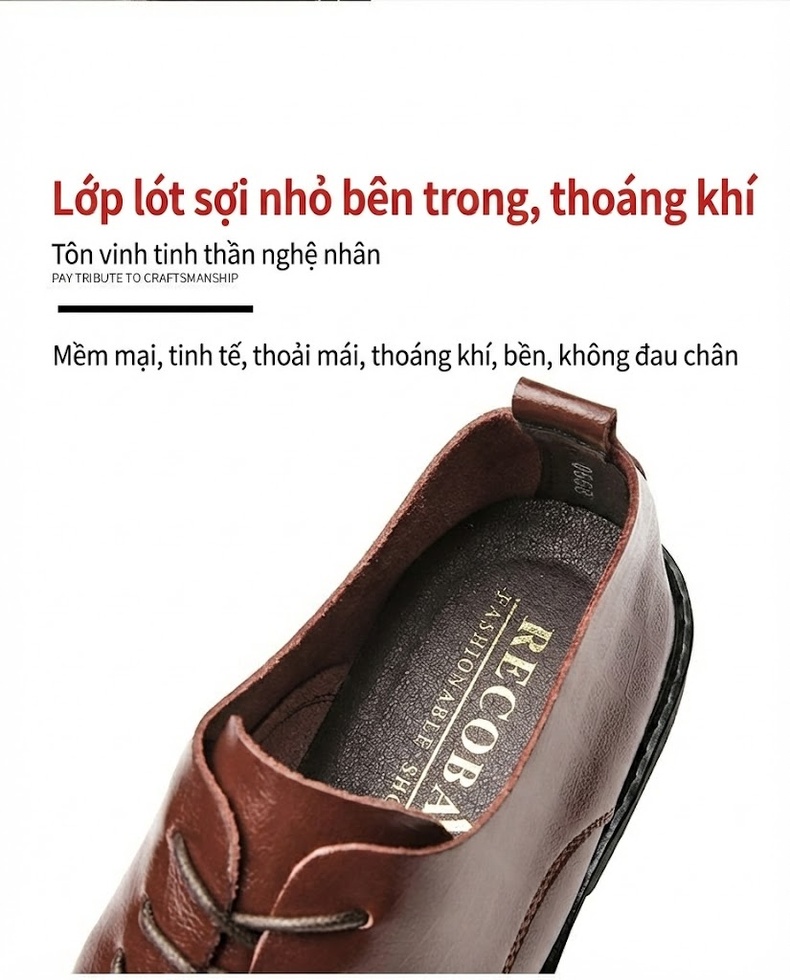 Giày Tây Buộc Dây Nam Da Thật Dập Vân Chiều Cao Đế Khoảng 3cm Màu Đen, Nâu chi tiết 8