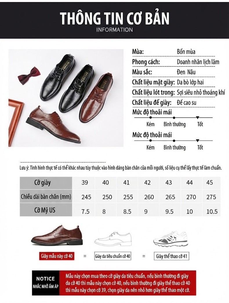 Giày Tây Buộc Dây Nam Da Thật Dập Vân Chiều Cao Đế Khoảng 3cm Màu Đen, Nâu chi tiết 9
