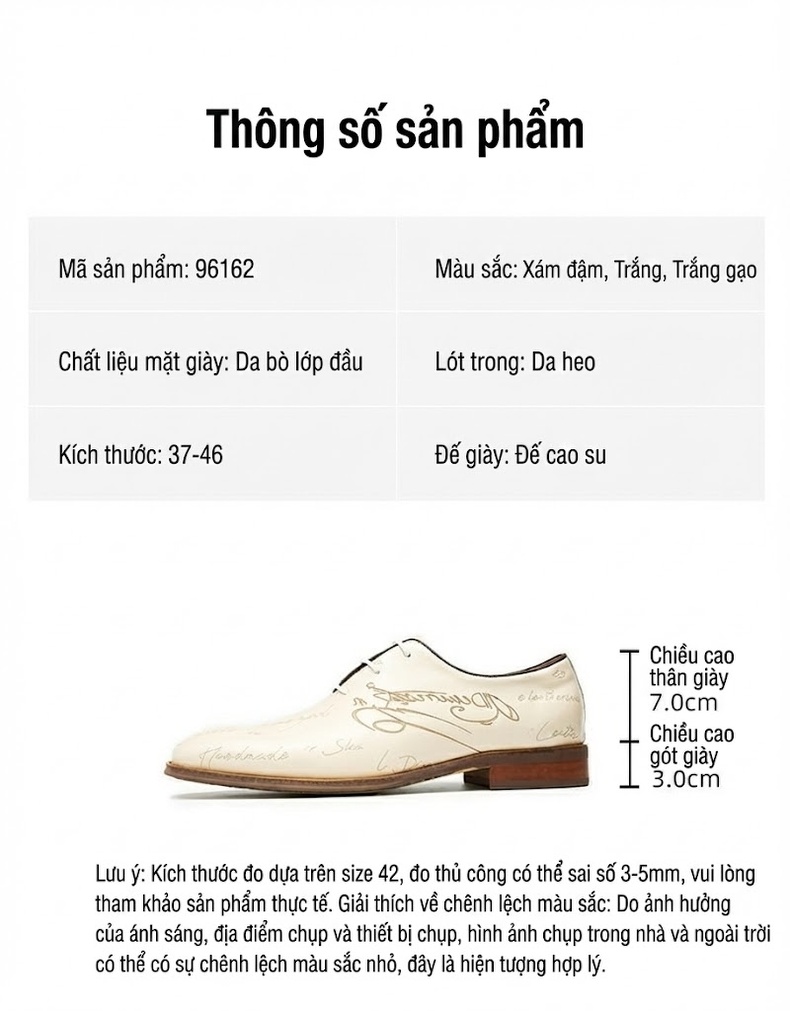 Giày Tây Buộc Dây Nam Da Thật Điêu Khắc Chiều Cao Đế Khoảng 3cm Màu Trắng, Be, Xám chi tiết 2