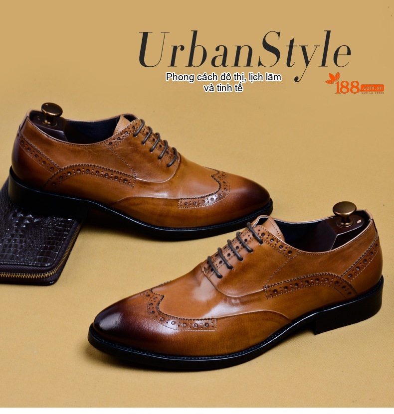 Giày Tây Buộc Dây Nam Da Thật Họa Tiết Brogue Chiều Cao Đế Khoảng 3cm Màu Đen, Nâu chi tiết 1