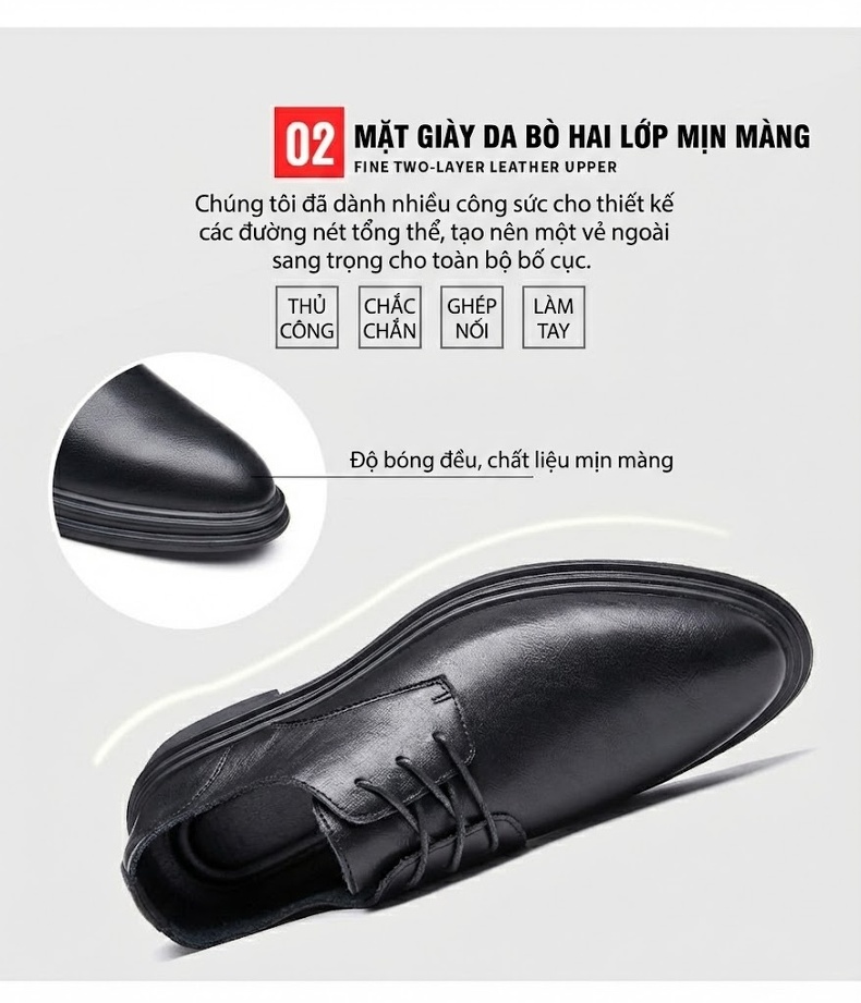 Giày Tây Buộc Dây Nam Da Thật Lỗ Thoáng Chiều Cao Đế Khoảng 3cm Màu Đen, Nâu chi tiết 7