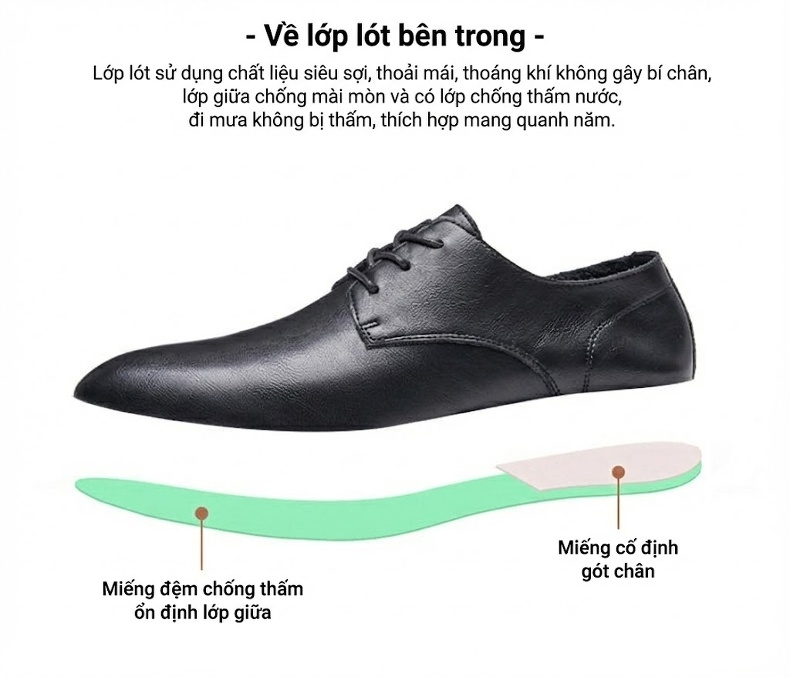 Giày Tây Buộc Dây Nam Da Thật Lỗ Thoáng Chiều Cao Đế Khoảng 3cm Màu Đen, Nâu chi tiết 4