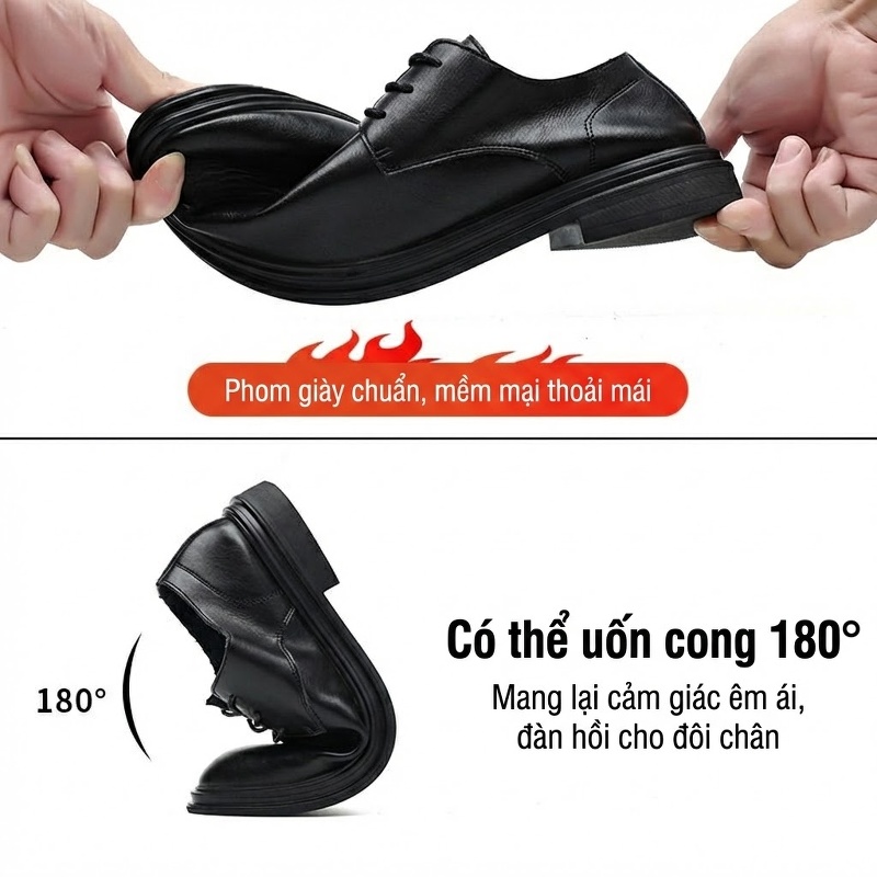 Giày Tây Buộc Dây Nam Da Thật Lỗ Thoáng Chiều Cao Đế Khoảng 3cm Màu Đen, Nâu