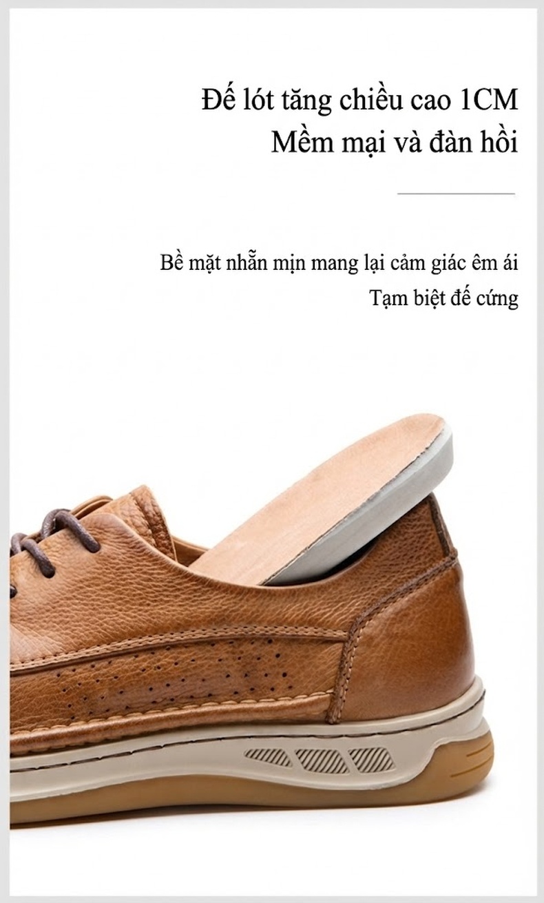 Giày Tây Buộc Dây Nam Da Thật Lỗ Thoáng Chiều Cao Đế Khoảng 3cm Màu Nâu, Đen chi tiết 10