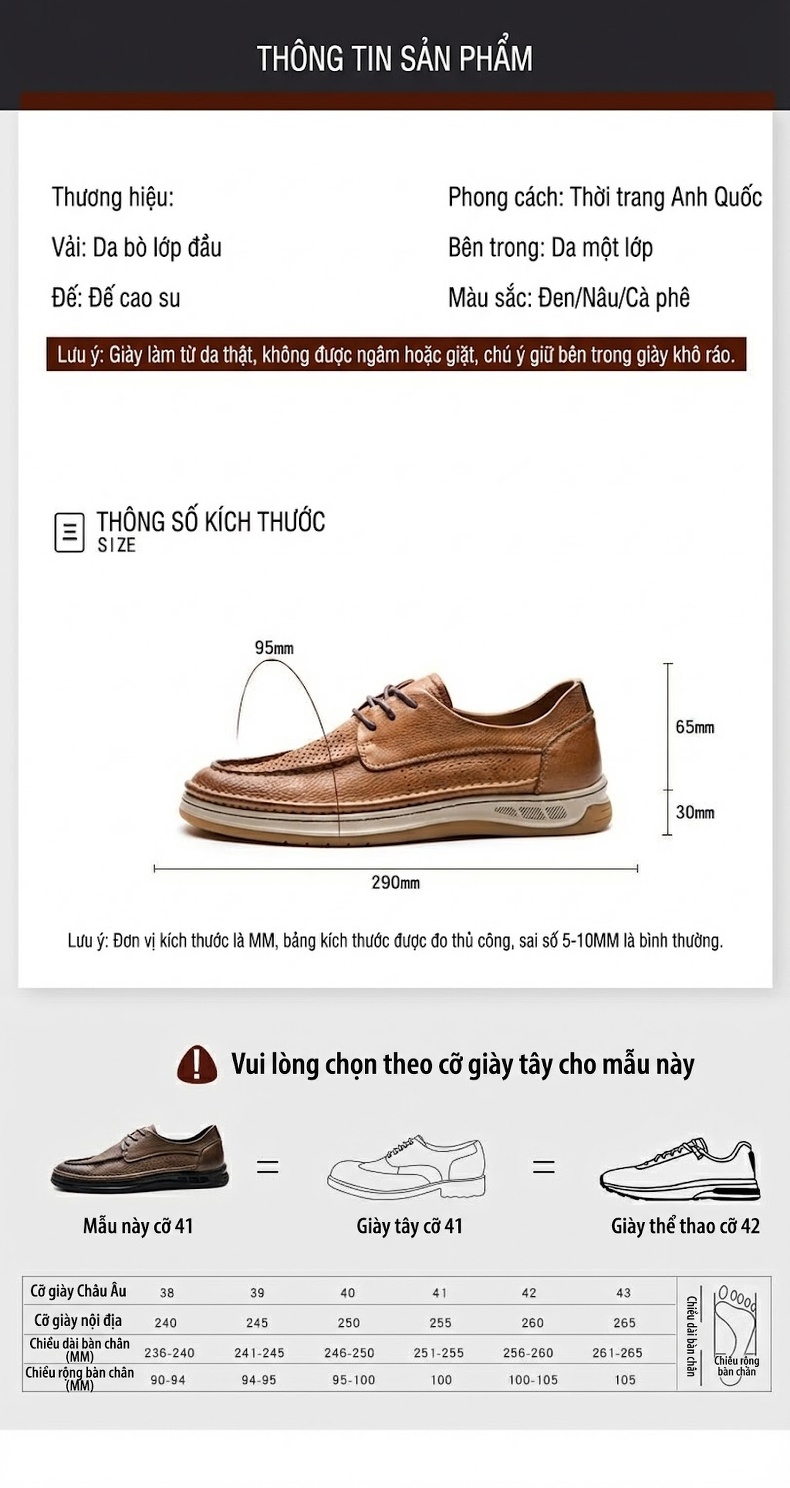 Giày Tây Buộc Dây Nam Da Thật Lỗ Thoáng Chiều Cao Đế Khoảng 3cm Màu Nâu, Đen chi tiết 7