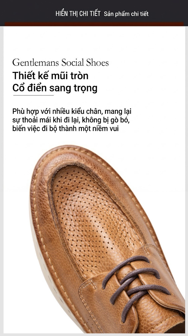 Giày Tây Buộc Dây Nam Da Thật Lỗ Thoáng Chiều Cao Đế Khoảng 3cm Màu Nâu, Đen chi tiết 8