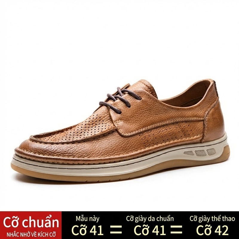 Giày Tây Buộc Dây Nam Da Thật Lỗ Thoáng Chiều Cao Đế Khoảng 3cm Màu Nâu, Đen