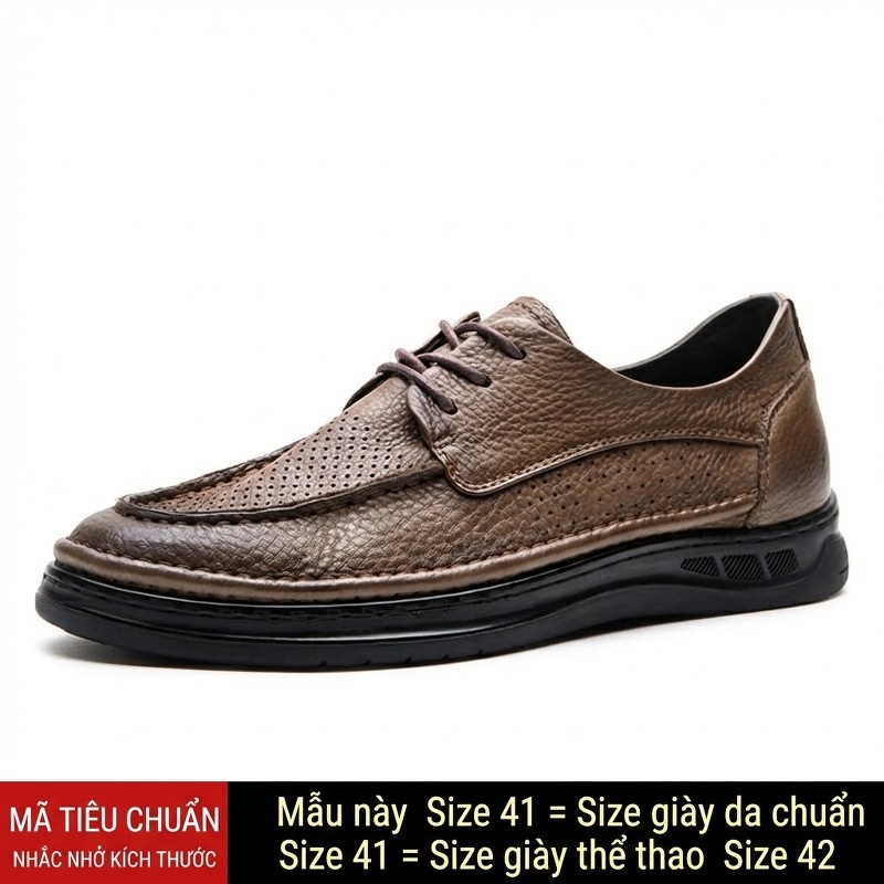 Giày Tây Buộc Dây Nam Da Thật Lỗ Thoáng Chiều Cao Đế Khoảng 3cm Màu Nâu, Đen