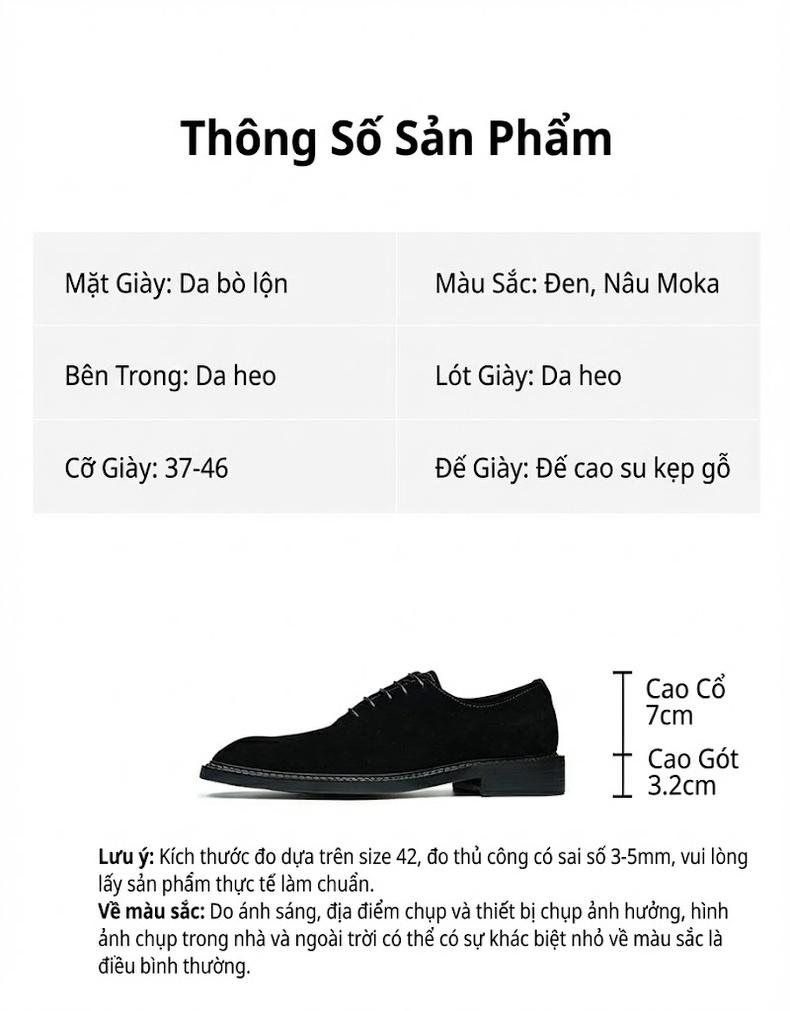 Giày Tây Buộc Dây Nam Da Thật Lộn Chiều Cao Đế Khoảng 3cm Màu Đen, Nâu chi tiết 2