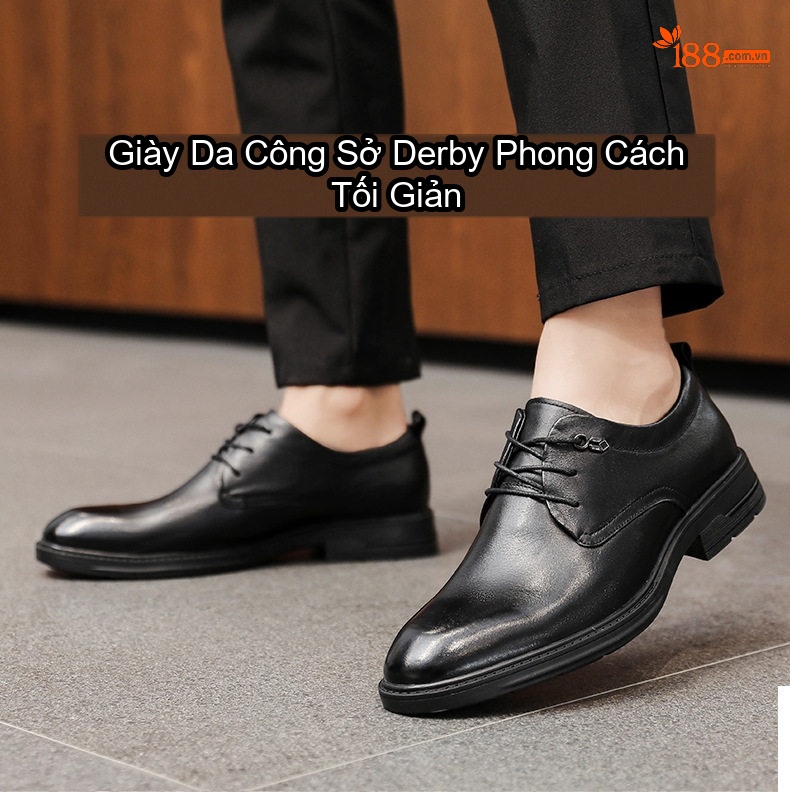 Giày Tây Buộc Dây Nam Da Thật Mềm Mại Thoáng Khí Chiều Cao Đế Khoảng 3cm Màu Đen chi tiết 1