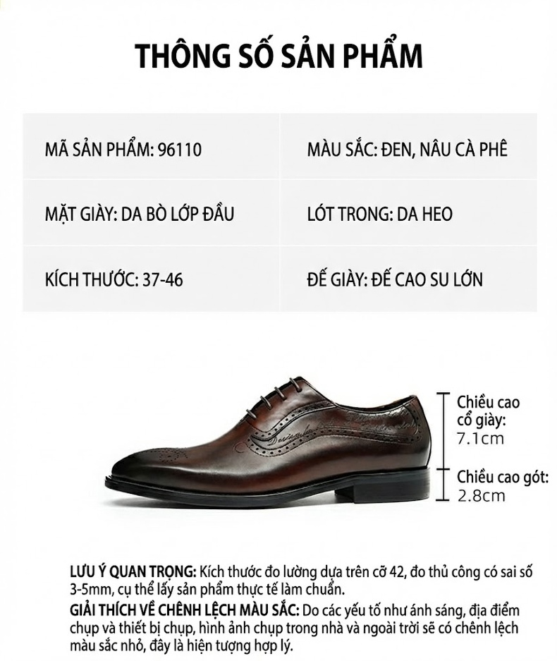 Giày Tây Buộc Dây Nam Da Thật Mũi Nhọn Chiều Cao Đế Khoảng 3cm Màu Nâu, Đen chi tiết 2