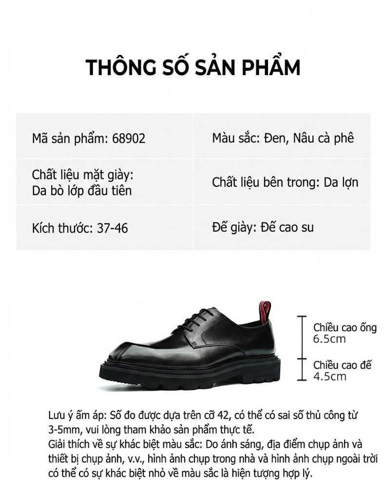 Giày Tây Buộc Dây Nam Da Thật Mũi Vuông Chiều Cao Đế Khoảng 4cm Màu Đen, Nâu chi tiết 2