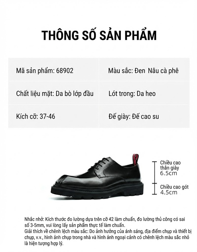 Giày Tây Buộc Dây Nam Da Thật Mũi Vuông Chiều Cao Đế Khoảng 4cm Màu Đen, Nâu chi tiết 2
