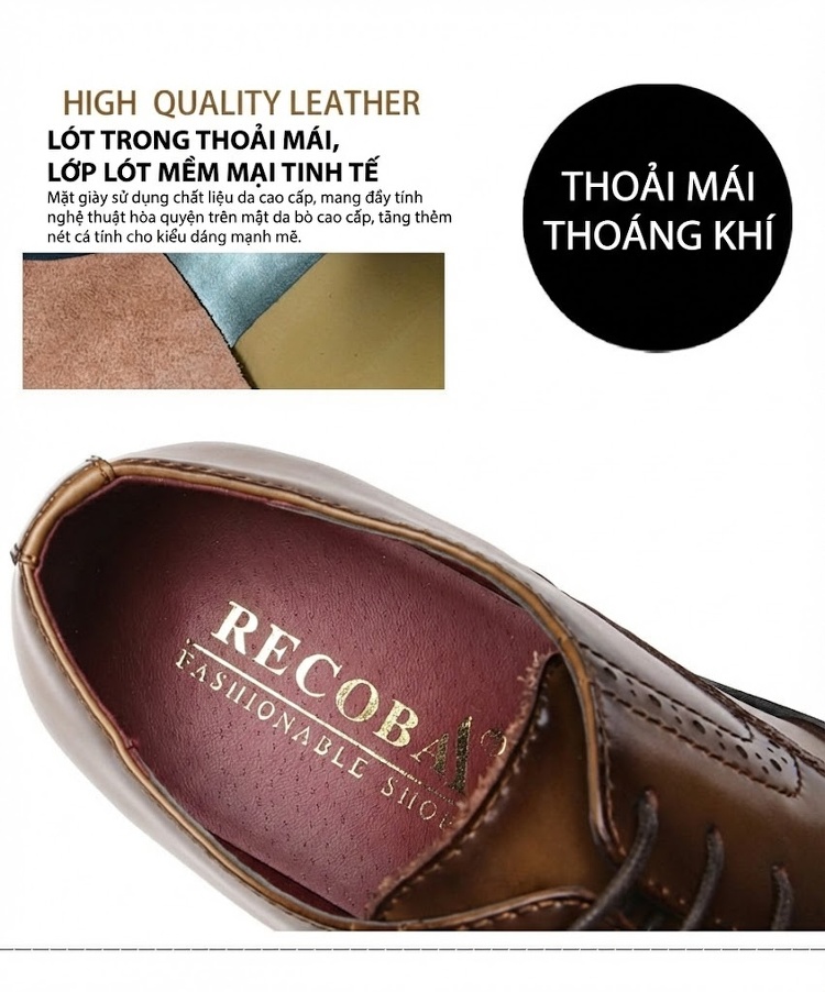 Giày Tây Buộc Dây Nam Da Thật Oxford Brogue Chiều Cao Đế Khoảng 3cm Màu Đen, Nâu chi tiết 8