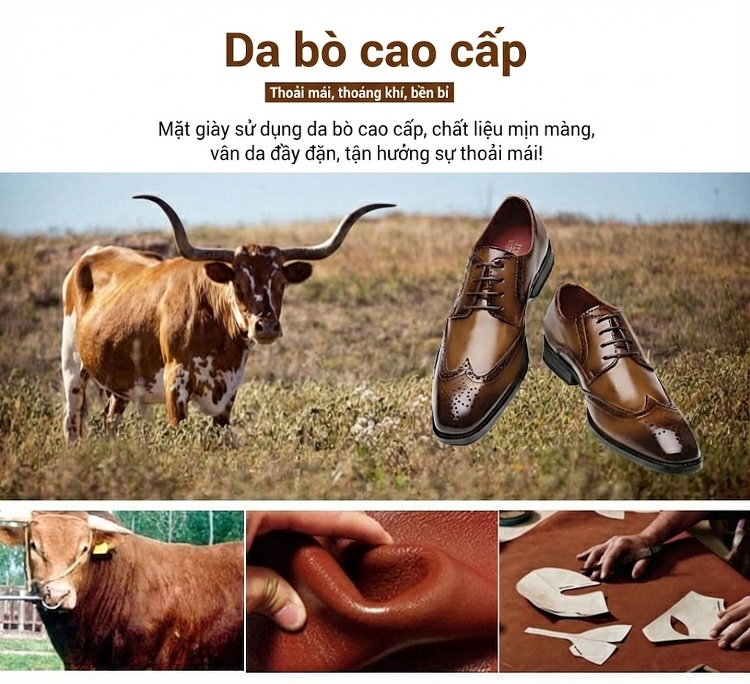 Giày Tây Buộc Dây Nam Da Thật Oxford Brogue Chiều Cao Đế Khoảng 3cm Màu Đen, Nâu chi tiết 6