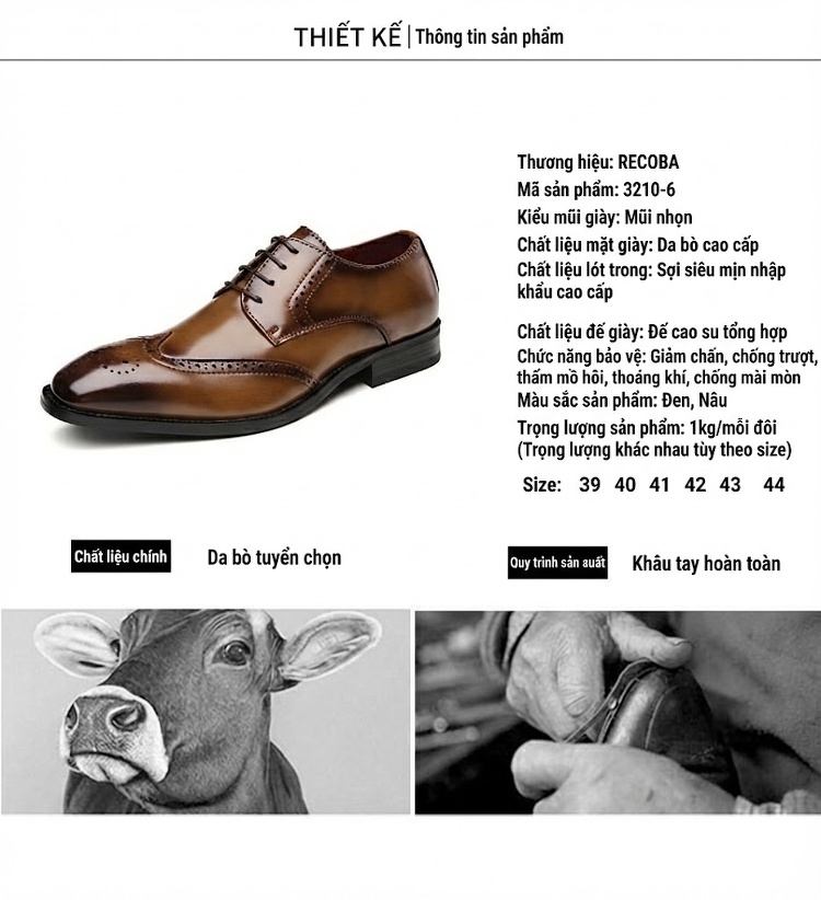 Giày Tây Buộc Dây Nam Da Thật Oxford Brogue Chiều Cao Đế Khoảng 3cm Màu Đen, Nâu chi tiết 5