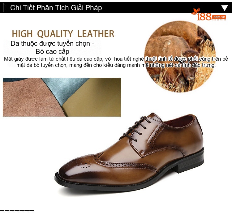 Giày Tây Buộc Dây Nam Da Thật Oxford Brogue Chiều Cao Đế Khoảng 3cm Màu Đen, Nâu chi tiết 9