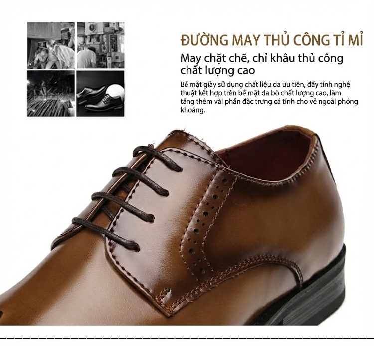 Giày Tây Buộc Dây Nam Da Thật Oxford Brogue Chiều Cao Đế Khoảng 3cm Màu Đen, Nâu chi tiết 10