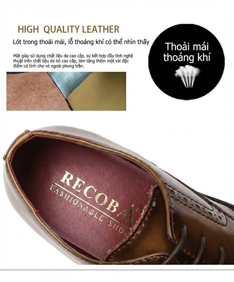 Giày Tây Buộc Dây Nam Da Thật Oxford Brogue Chiều Cao Đế Khoảng 3cm Màu Đen, Nâu chi tiết 11