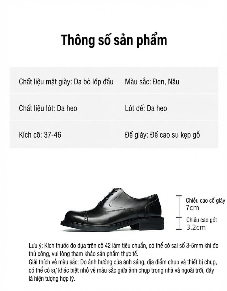Giày Tây Buộc Dây Nam Da Thật Oxford Chiều Cao Đế Khoảng 3cm Màu Đen, Nâu chi tiết 2