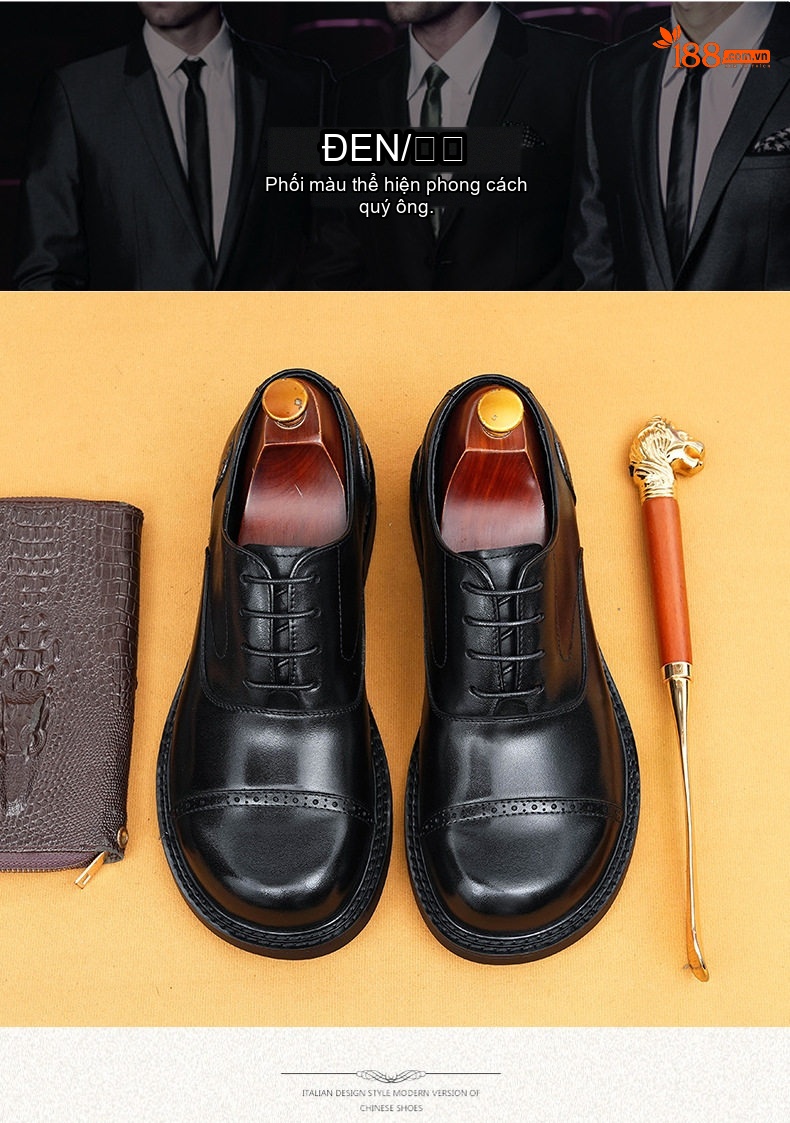 Giày Tây Buộc Dây Nam Da Thật Oxford Chiều Cao Đế Khoảng 3cm Màu Đen, Nâu chi tiết 4