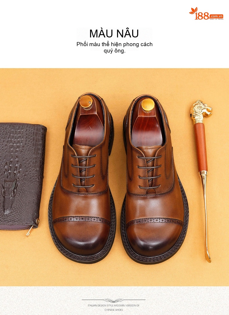 Giày Tây Buộc Dây Nam Da Thật Oxford Chiều Cao Đế Khoảng 3cm Màu Đen, Nâu chi tiết 12