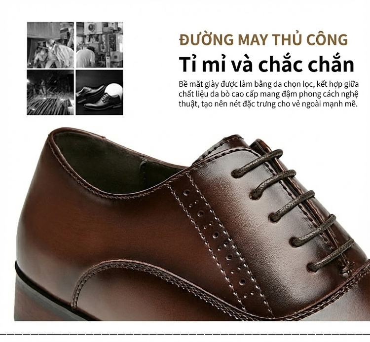 Giày Tây Buộc Dây Nam Da Thật Phong Cách Anh Quốc Chiều Cao Đế Khoảng 3cm Màu Đen, Nâu chi tiết 8