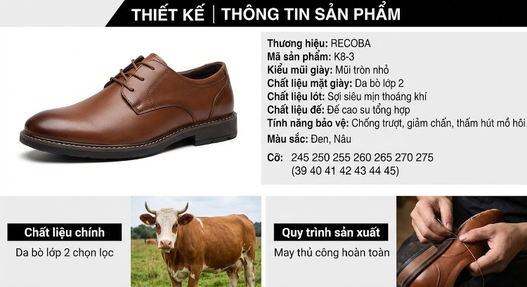 Giày Tây Buộc Dây Nam Da Thật Phong Cách Anh Quốc Chiều Cao Đế Khoảng 3cm Màu Đen, Nâu chi tiết 3
